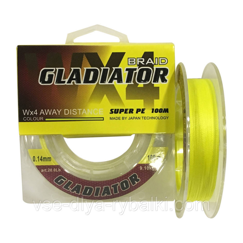 Шнур плетений Gladiator 100m (жовтий) 0.18 mm
