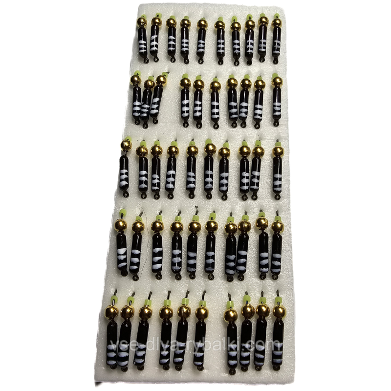 Мормишка вольфрамова чорна з білими смужками цвяхокулька золото 0,5 г