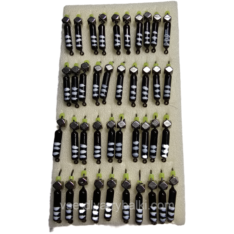 Мормишка вольфрамова чорна з білими смужками цвяхокубик грань срібло 0,5 г